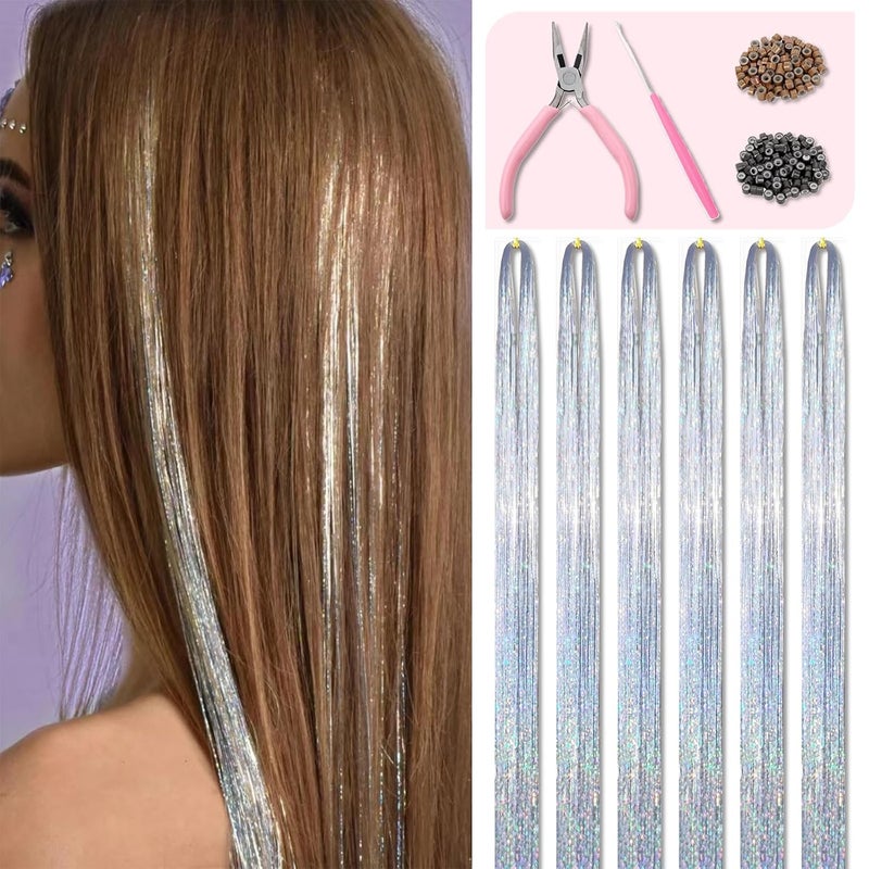 Fiwecos Silver Hair Tinsel Kit 48 Inches 1200 Strands with Tools and Instruction Easy to Install Fairy Glitter Tinsel Hair Extensions for Women and Girls，Shinny Sparkling Braiding Hair Accessories for Halloween Cosplay Party - Image 1